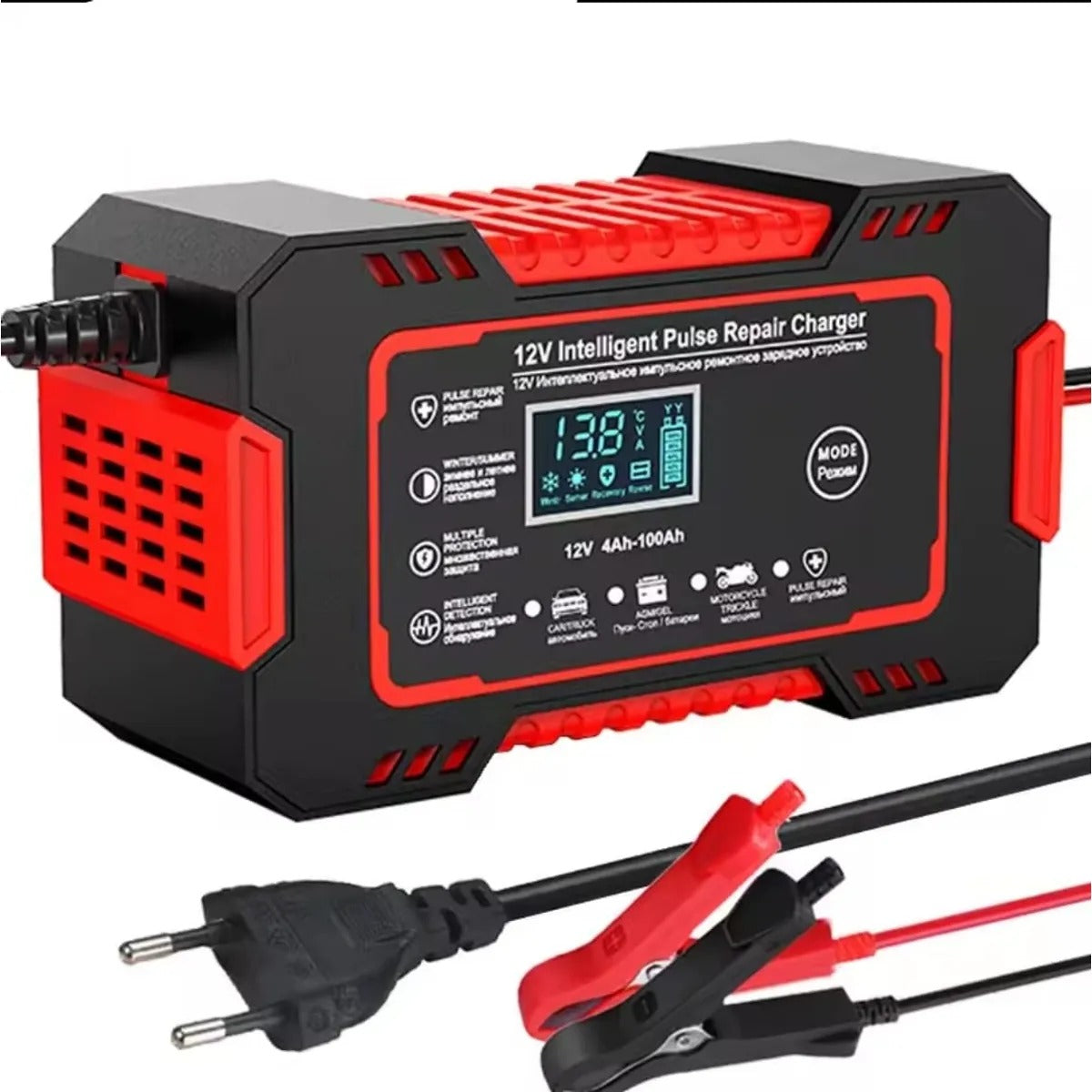 Cargador reparador de baterías 12V con sus pinzas y el cable de corriente